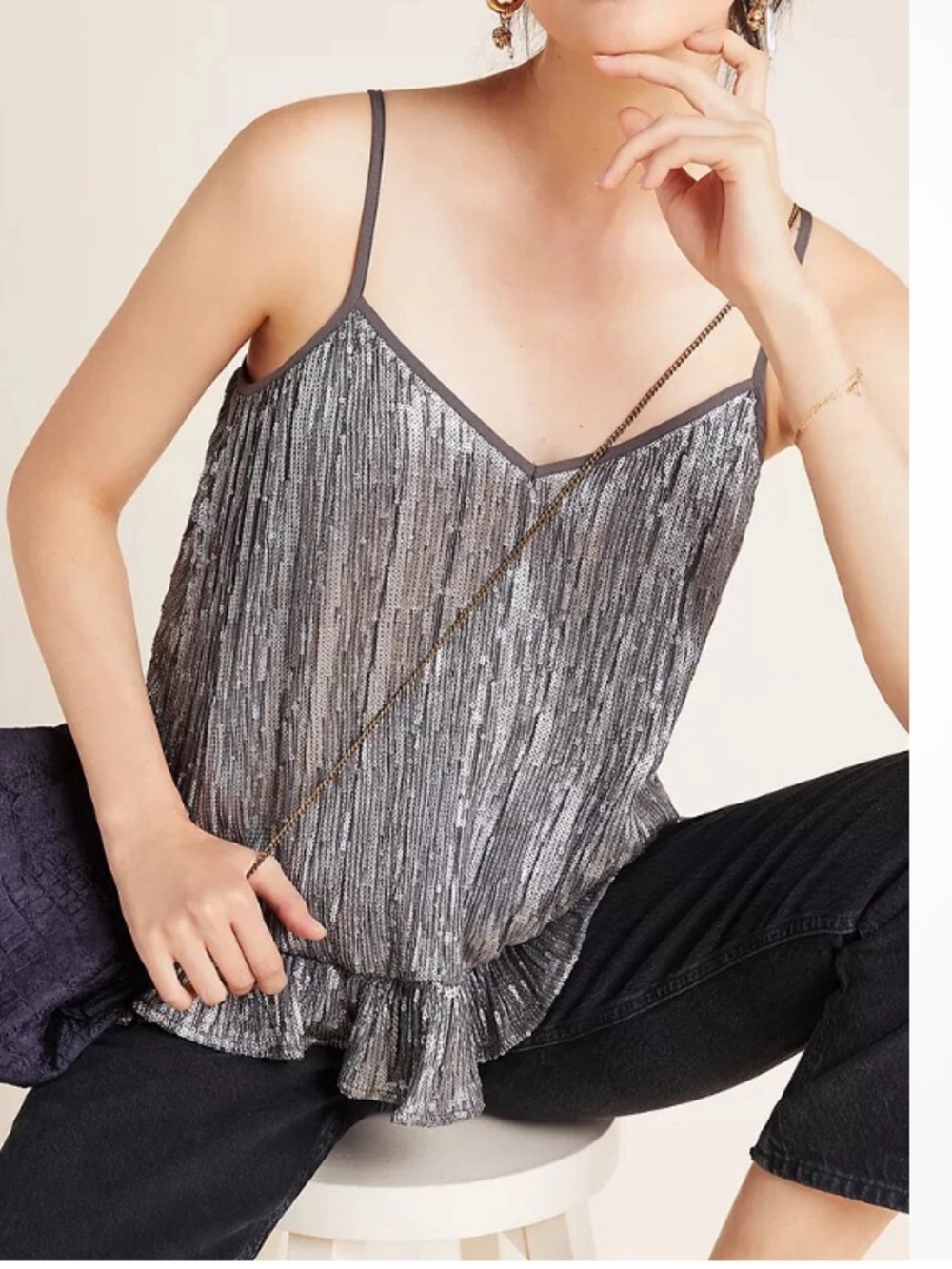 By Anthropologie Amelie Silver pewter gray beaded sequin Fringe Cami 6 NWT